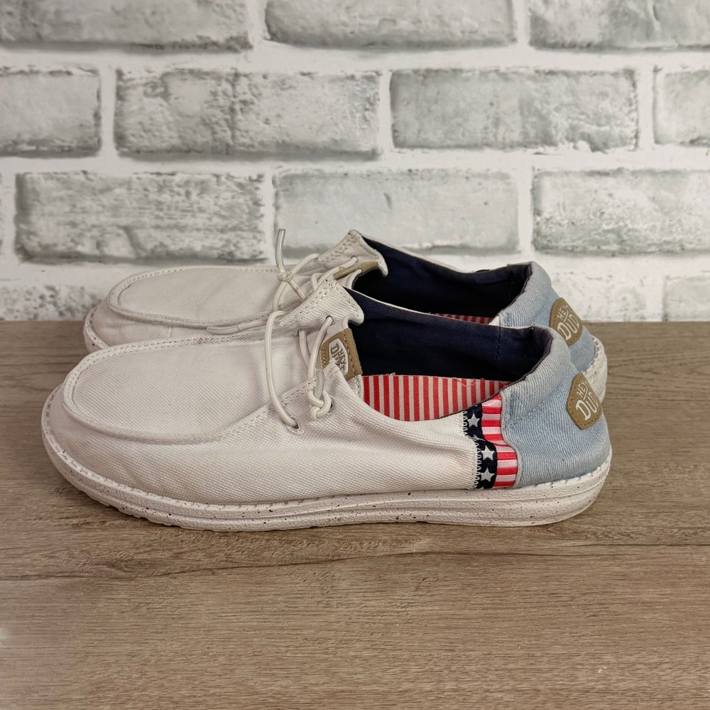 Hey Dude Wendy Americana Loafers Canvas Splatter White Blue Womens 8